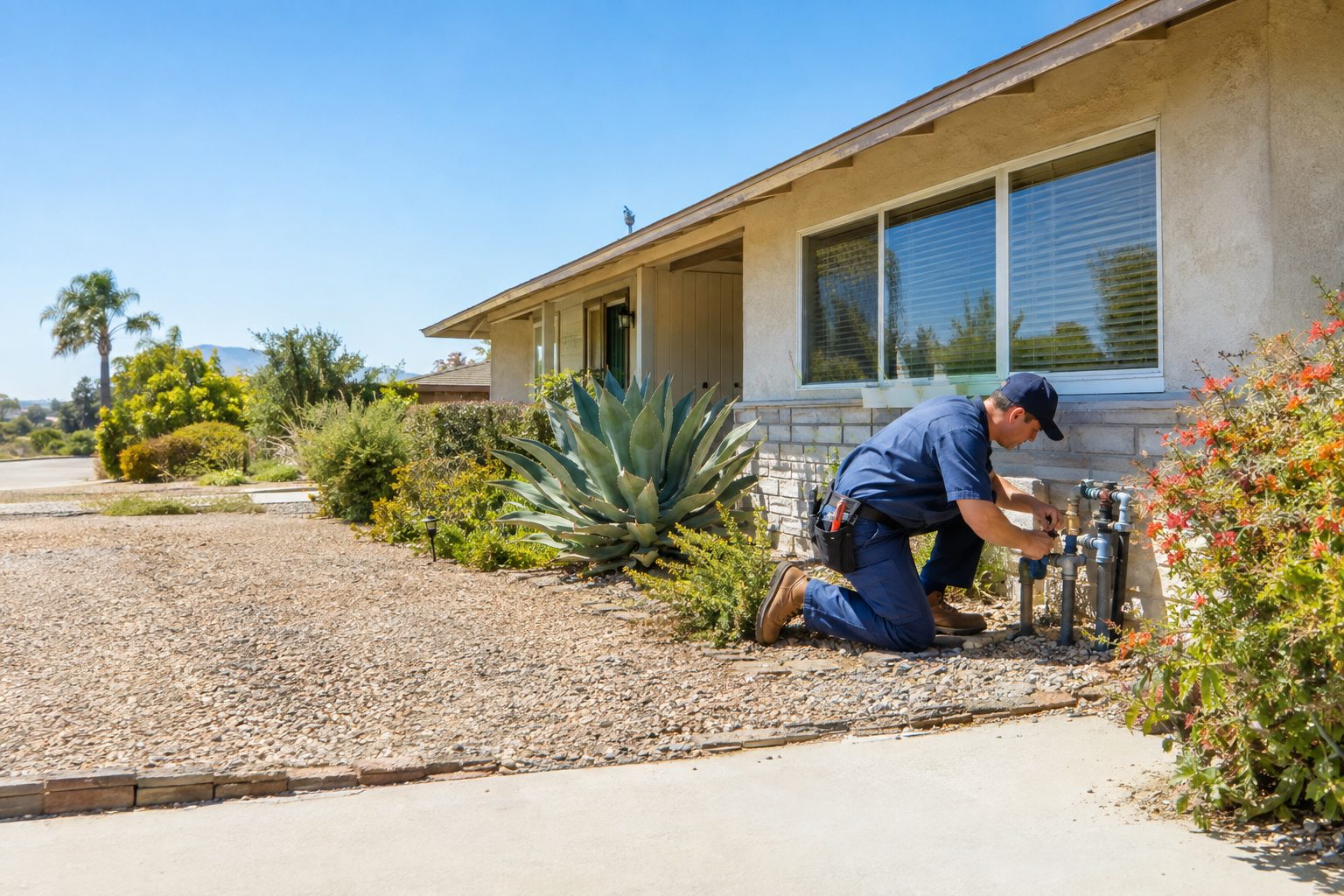 A licensed plumber checks an exterior water line beside a 1970s stucco ranch in Vista Village on a clear, dry afternoon in Vista Village, CA